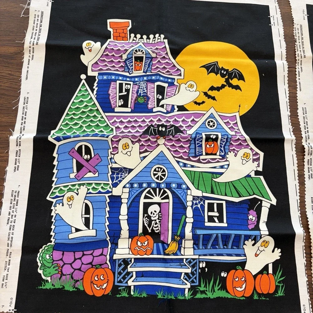 Vintage Halloween Trick Or Treat Haunted House Cranston Fabric Panels Cut Sew